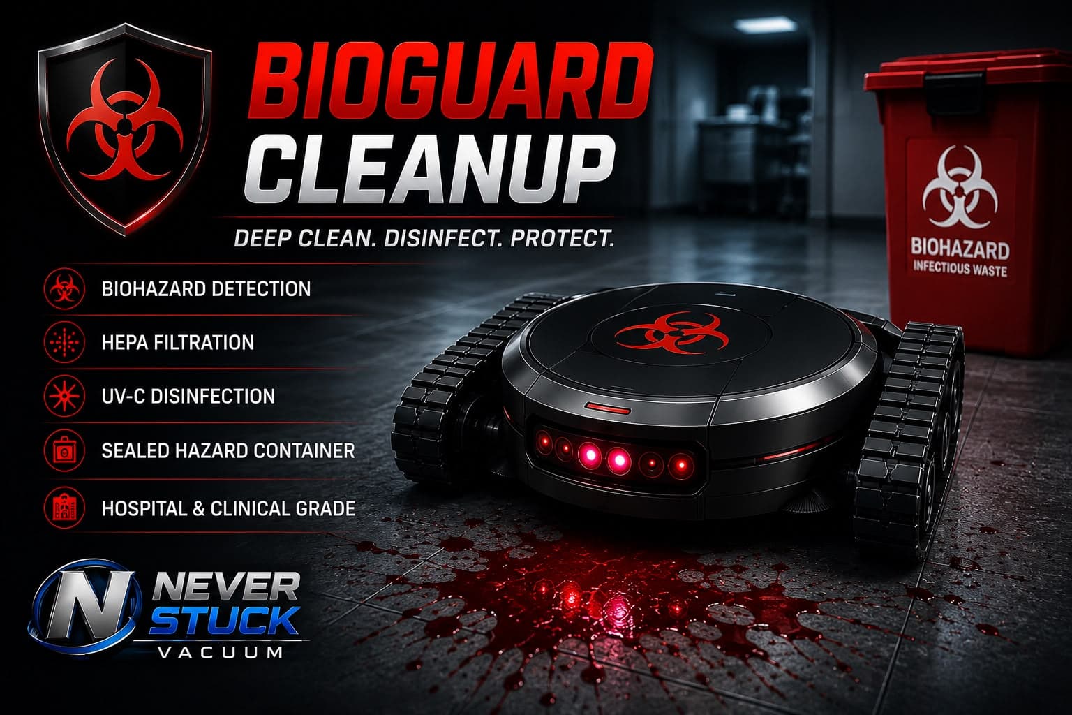 BioGuard platform illustration: the robot addressing a simulated blood contamination event on a hard institutional floor, with containment and disinfection stages indicated.