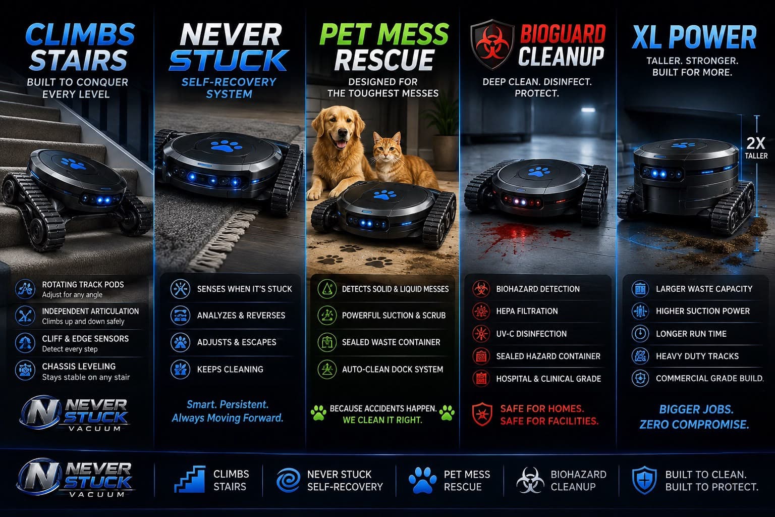 Never Stuck Vacuum feature overview: tracked chassis, stair mobility, obstacle clearance, pet mess handling and multi-floor cleaning shown across the product family.