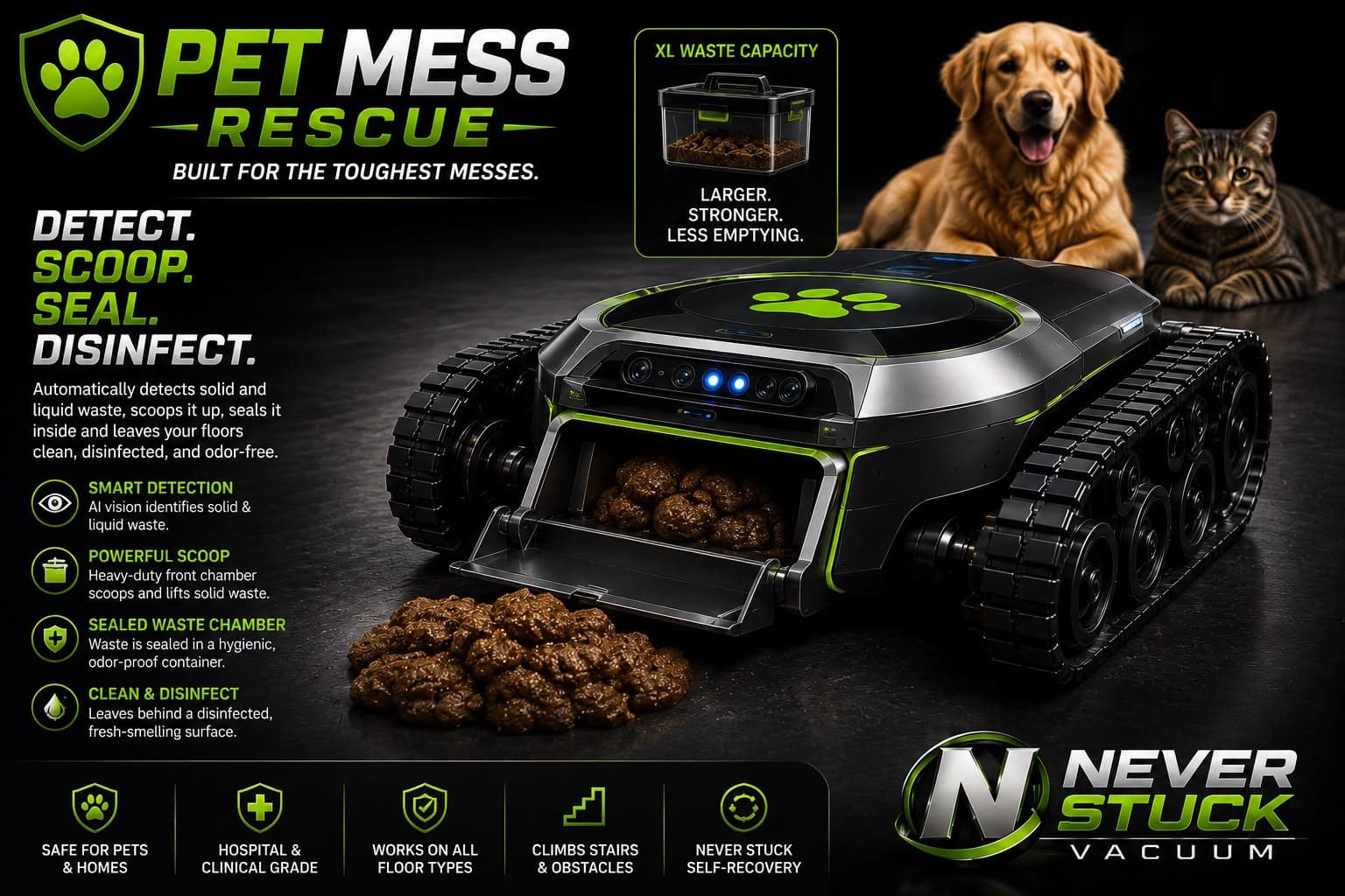 Pet Mess platform illustration: the robot approaching household pet waste on a hard floor with its detection and containment cycle called out.